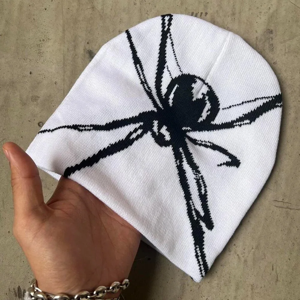 y2k 2000s grunge gothic punk spider white beanie